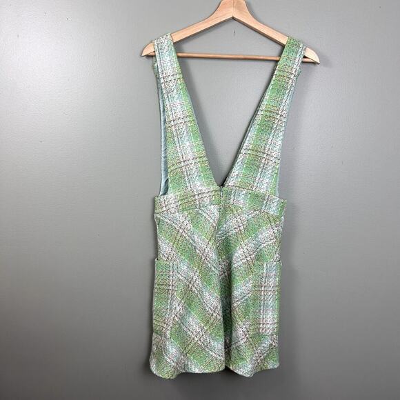 Zara Plaid Pinafore Tweed Dress Pastel Green White Overall Mini size Small - Picture 9 of 15